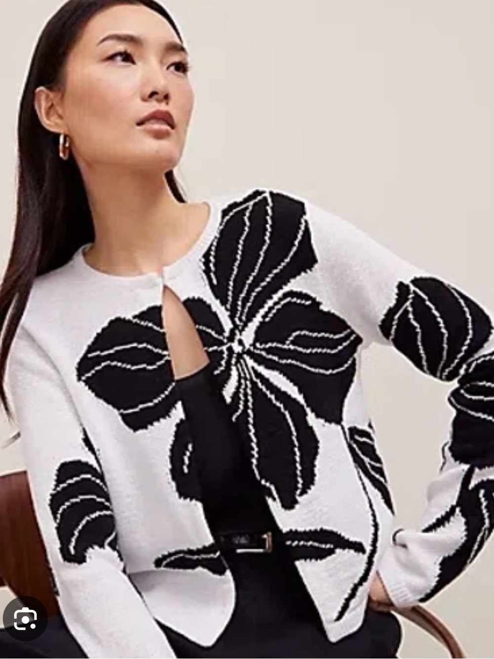 Ann Taylor Black and White Floral Knit Cardigan